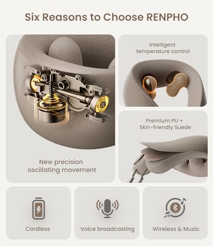 RENPHO Cordless Neck Massager with Heat, Neck Massager for Pain Relief Deep Tissue, 6D Kneading Neck Massage, Portable Heated Neck Massager for Travel, Neck Pain Relief, Gifts for Women Men Mom